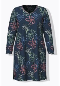 Marinblå tunika klänning med V-ringning, långa ärmar och ett heltäckande blommönster i grönt, röd och blått kontur på en mörk bakgrund.