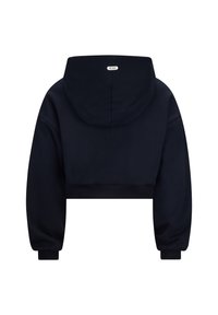 Hoodie accorciato in cotone blu scuro, con cappuccio regolabile, polsini a coste e un'etichetta sul retro con la scritta "RETROUR."