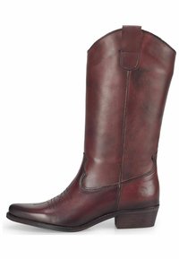 Braune Leder-Cowboystiefel mit spitz zulaufender Zehenpartie, geprägten Details am Schaft und einem niedrigen, gestapelten Absatz. Glatte Textur mit polierter Oberfläche.