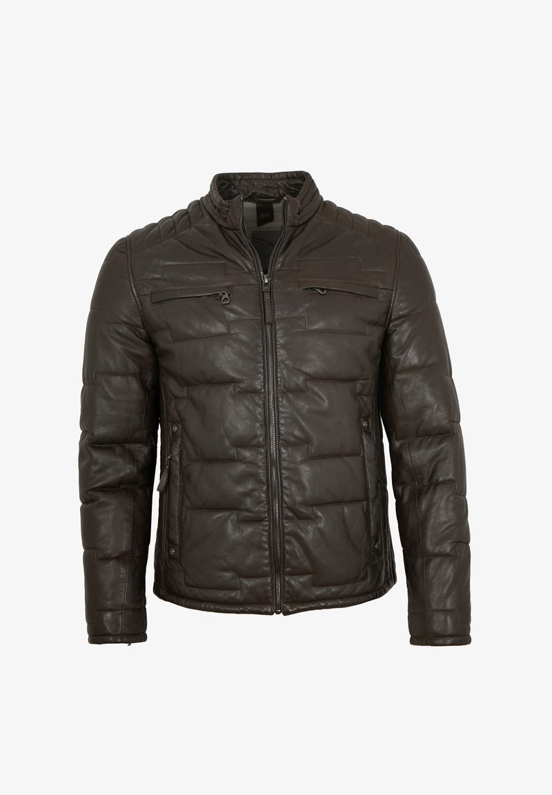 Braune Lederjacke mit gestepptem Muster, hohem Kragen und Reißverschlusstaschen. Verfügt über einen Frontreißverschluss und eine taillierte Passform.