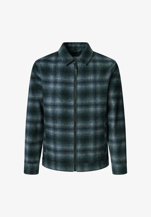 Tumedast rohelisest ja sinisest toonist plöövi jope, millel on lukuga eesmine osa, krae, tekstureeritud kangas ning pikad varrukad sirge äärega.