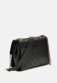 Borsa a mano in pelle nera con impresso un motivo, di forma rettangolare, e una trama floreale testurizzata sulla superficie. Chiusura superiore con zip.