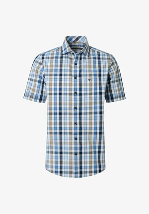 Kurzärmeliges Hemd mit Knopfleiste, kariert in Blau, Beige und Weiß, mit einer kleinen Brusttasche auf der linken Seite.
