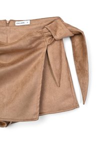 Gonna avvolgente in suede marrone con dettaglio a fiocco laterale e zip sul retro, taglia piccola, marca Calliope.
