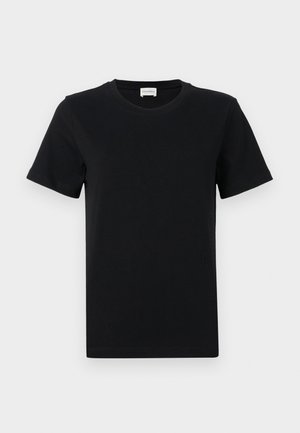 Black cotton short-sleeve t-shirt with a crew neck, featuring a subtle logo detail on the lower front, and a straight cut hem.