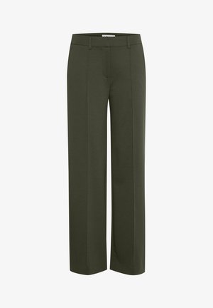 Weit geschnittene Hose in dunkelolivgrün, aus einem glatten Stoff gefertigt, mit vorderen Falten und einem klassischen Bund für einen maßgeschneiderten Look.