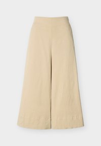 Παντελόνι μπεζ, ψηλόμεσο με φαρδιά μπατζάκια, με λεία υφή και ραμμένες ραφές, απεικονίζεται σε απλό φωτεινό φόντο.