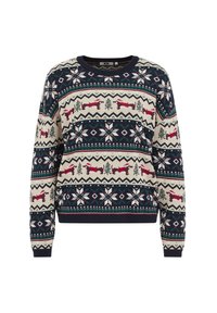 Pletený svetr s navy, krémovým a zeleným vzorem, který zobrazuje soby, stromy a vločky. Kulatý výstřih a ribované manžety.