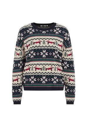 Pletený sveter s námorníckou modrou, krémovou a zelenou farbou, so vzorom sobov, stromov a snehových vločiek. Okrúhly výstrih a zakončené rebrovanými manžetami.