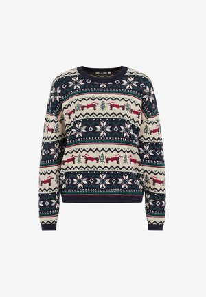 Kötött pulóver tengerészkék, krém- és zöld mintázattal, amelyen rénszarvasok, fák és hópehelyminták láthatók. Kerek nyakkivágás és bordázott mandzsetta.