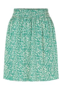 Zelená sukně s rozptýleným vzorem bílých teček, elastickým pasem, nařaseným designem a rovnou siluetou. Vyrobena z lehké tkaniny.