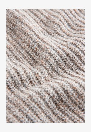 Tessuto lavorato a maglia strutturato in tonalità di grigio e beige, con un motivo ondulato e una texture morbida e leggermente soffice con spessori di filo variabili.