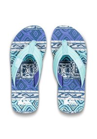 Blå mønstrede flip-flops med en lyseblå rem, tekstureret sål, abstrakte designs i forskellige nuancer af blå og lilla samt detalje med logo.