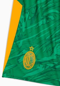 Maglietta sportiva verde con motivi astratti verdi scuri. Accenti arancioni sui lati e logo ricamato con una stella sopra.