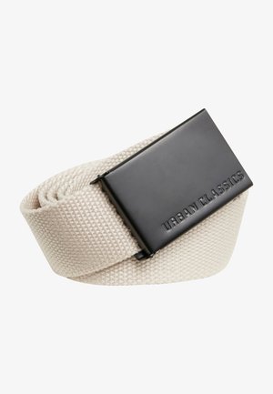 Beige woven fabric belt with a rectangular black metal buckle featuring the embossed text "URBAN CLASSICS." Textured surface, casual design.