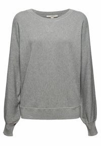 Sweat-shirt gris à manches longues, col rond, poignets et ourlet côtelés, fabriqué en tissu doux à texture lisse.
