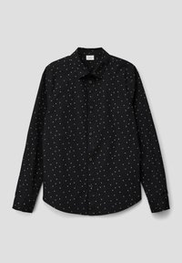 Schwarzes Langarmhemd mit einem Muster aus kleinen goldenen Dreiecken, Knopfschluss und klassischem Kragen. Hergestellt aus einem glatten Stoff.