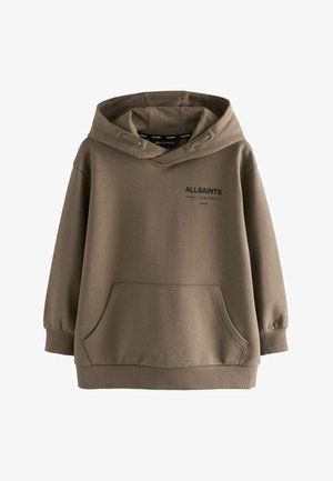 Ruda per didelio dydžio hoodie su priekinė kišene kengūros stiliumi, ribotu rankogaliu ir "ALLSAINTS" logotipu su japonišku tekstu viršutinėje kairėje krūtinėje.