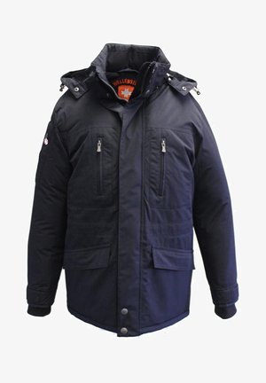 Marineblaue, isolierte Jacke mit hohem Kragen, zwei Brusttaschen, zwei unteren Taschen und verstellbarem Kapuzenbereich mit Reißverschlüssen und Druckknöpfen.