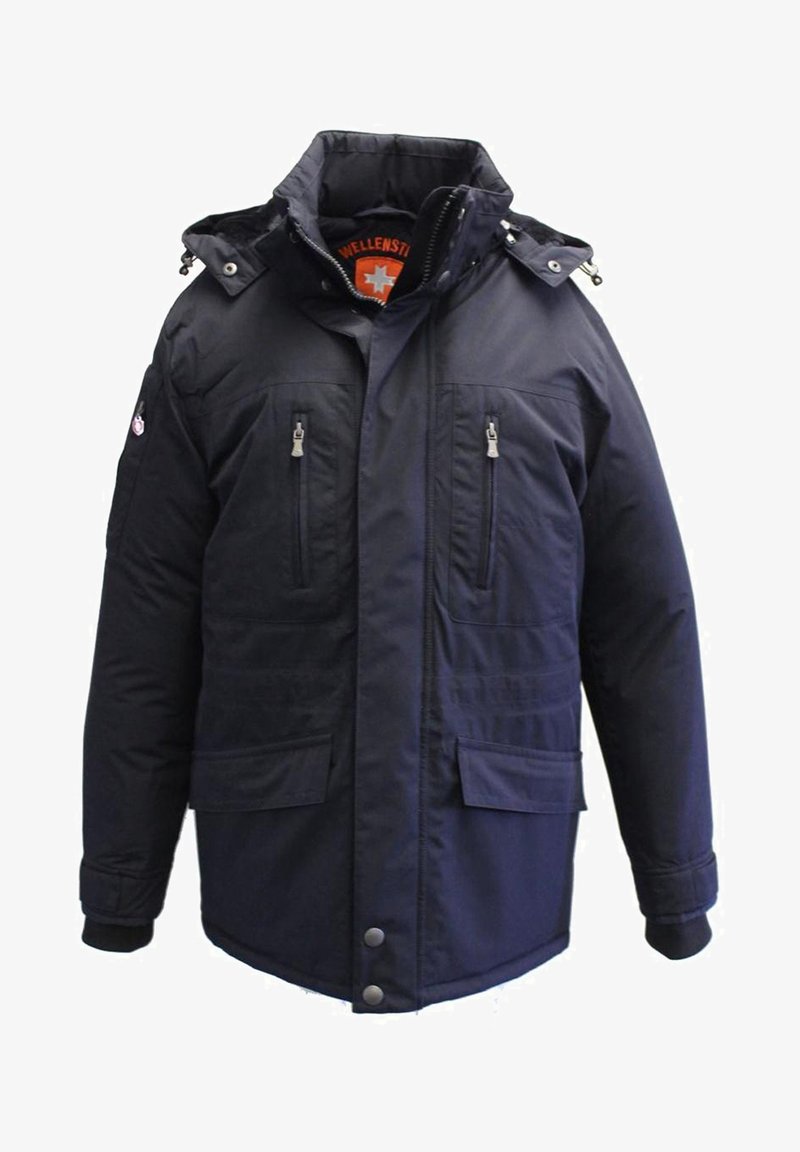 Navy blue insulated jacket with a high collar, two chest pockets, two lower pockets, and adjustable hood with zippers and snap buttons.