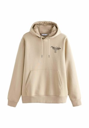 Beige huvtröja med dragsko huva, framficka och svart tryckt text "Pima County Tucson Arizona." Mjukt, strukturerat tyg med ribbade ärmslut.