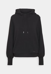 Sweat à capuche noir à coupe décontractée, manches longues bouffantes, poignets élastiques et cordon de serrage classique. Tissu lisse avec une légère brillance.