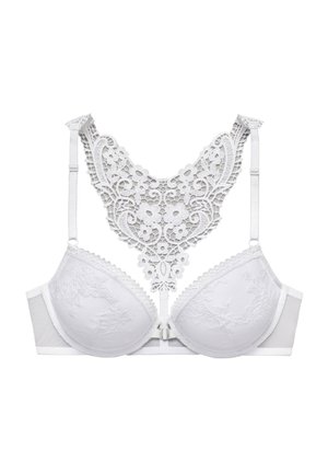 Baltas nėriniuotas liemenėlė su paminkštintais puodeliais, gėlių nėrinių apdaila ant puodelių ir dekoratyvi nėriniuota nugarėlė su sudėtingais raštais bei reguliuojamomis petnešėlėmis.