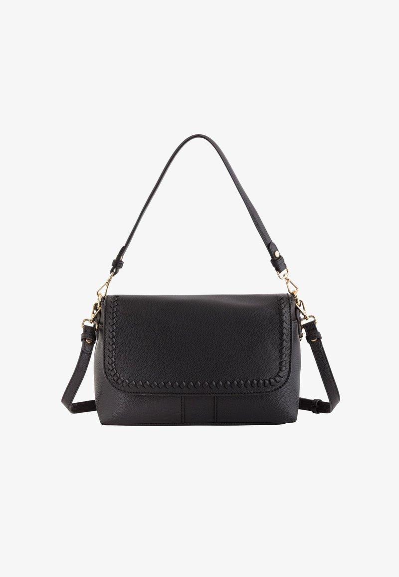 Bolso de hombro de cuero negro con un ribete trenzado, herrajes dorados, una correa desmontable y un diseño estructurado. Textura suave, forma compacta.