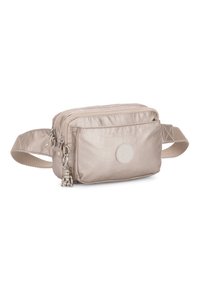 Beige nylon schoudertas met een gladde textuur, dubbele ritscompartimenten, voorvak en een decoratieve ritstrekkertje. Verstelbare strap.