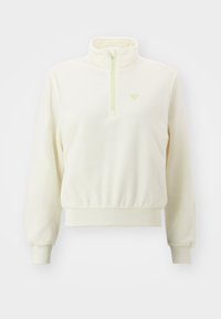 Fleece pullover in off-white with a high collar, quarter-zip closure, ribbed cuffs, and a small green logo on the left chest.