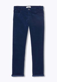 Pantalons en velours côtelé bleu marine avec une coupe slim, dotés d'une fermeture à bouton, de plusieurs poches et de poignets roulés pour un look soigné.