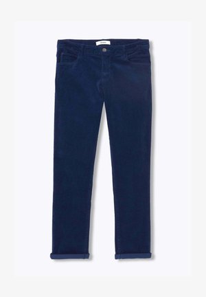 Pantalons en velours côtelé bleu marine avec une coupe slim, dotés d'une fermeture à bouton, de plusieurs poches et de poignets roulés pour un look soigné.