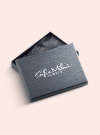 Grå tekstureret smykkeboks med et låg, der er lidt åbent, og som har hvid "Sofia Milani Jewels" branding på toppen. Indeholder sort silkepapir indeni.