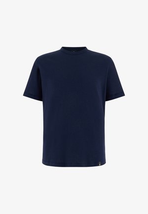 Námornícky modré tričko s krátkym rukávom a okrúhlym výstrihom, so malou čiernou visačkou blízko lemu, na bielom pozadí.