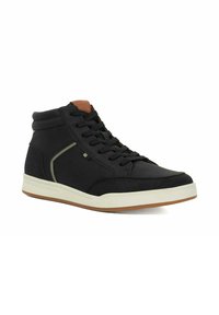 Black high-top sneakers made of smooth fabric with a leather accent. Features a white midsole and brown heel tab with tonal stitching details.