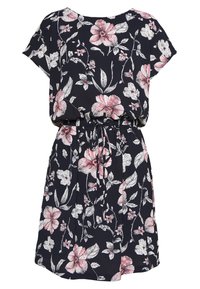 Robe florale avec un fond bleu marine foncé, ornée de fleurs roses et blanches. Manches courtes, coupe décontractée, taille cintrée avec un cordon de serrage.