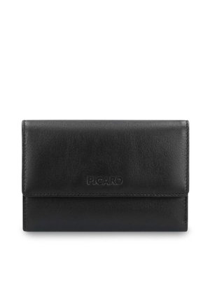 Black leather wallet with flap closure, embossed "Picard" logo centered on front.