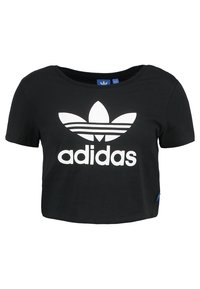 Czarny krótki t-shirt wykonany z bawełny, z dużym białym logo Adidas i ikonicznym wzorem trzech pasków z przodu. Krótkie rękawy, okrągły dekolt.