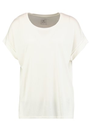 Weit geschnittene weiße Bluse mit kurzen Ärmeln, Rundhalsausschnitt und glattem, weichem Stoff. Besitzt ein dezentes Etikett im Inneren.