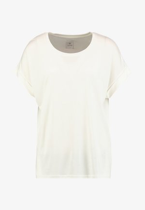 Volnější bílá blůza s krátkými rukávy, kulatým výstřihem a hladkým, jemným materiálem. Obsahuje decentní štítek uvnitř.