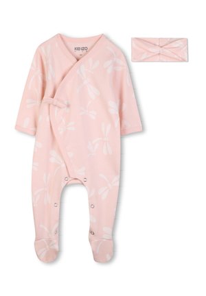 Combinaison rose pour bébé avec motifs floraux blancs, boutons-pression le long des jambes et bandeau assorti, taille 3 mois, présentée sur fond blanc.