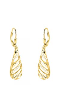 Orecchini a goccia in tono oro con design a spirale, caratterizzati da strisce di strass trasparenti che attraversano la superficie. Stile a clip.