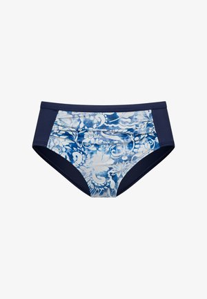 Marineblauwe zwembroek met een bloemenprint in tinten blauw en wit. Het ontwerp heeft zijpanelen en een comfortabele, elastische tailleband.