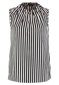 Blouse sans manches à rayures noires et blanches avec un col froncé et un détail de boutons, fabriquée en tissu lisse, présentant des lignes verticales audacieuses.