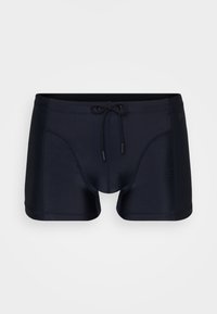 Navy Schwimmshorts aus glattem Stoff, mit einem Zugbandbund, seitlichen Taschen und einem taillierten Design mit kontrastierenden Paneeldetails.