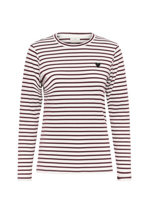 Long-sleeve striped shirt with maroon and white horizontal lines. Features a small black heart logo on the left chest area.