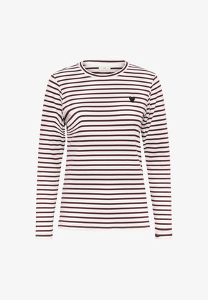 Ilga piedurkne svītraina krekls ar bordo un baltām horizontālām svītrām. Iekļauj nelielu melnu sirds logotipu kreisajā krūšu daļā.