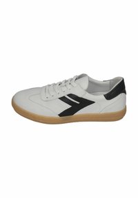 White leather sneaker featuring a black accent design, flat laces, and a gum rubber sole. Smooth texture throughout with side logo detail.