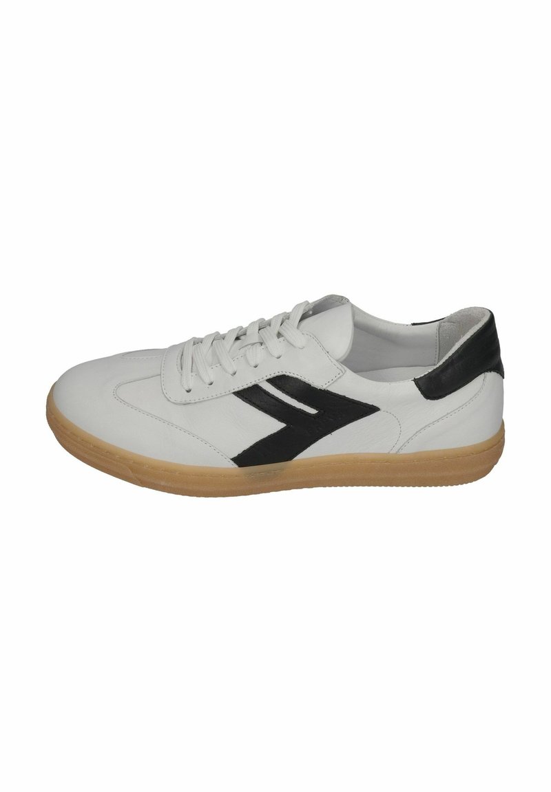 White leather sneaker featuring a black accent design, flat laces, and a gum rubber sole. Smooth texture throughout with side logo detail.