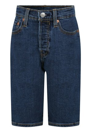Sötétkék farmer rövidnadrág, egyenes szabású, öt zsebes kialakítású, ezüst gombos zárással és kontrasztos sárga varrással.